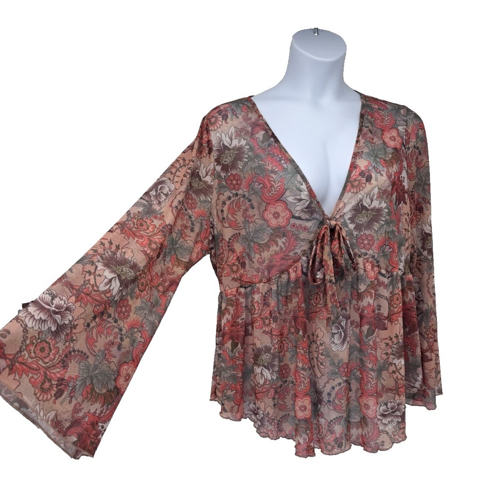 Boho Paisley Tie-Front Flare Bell Sleeve Festival Mesh Sheer artsy babydoll 3X